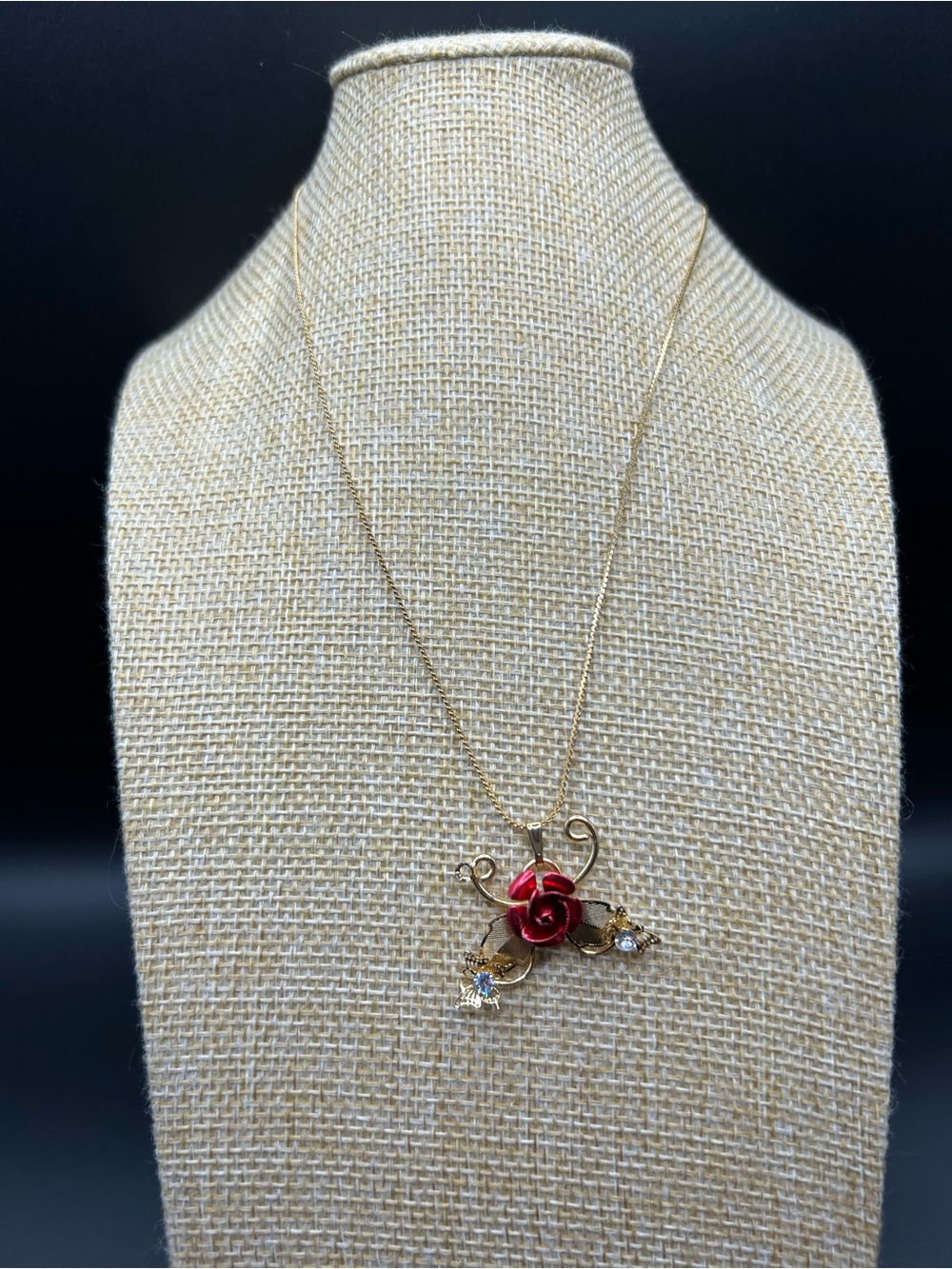 Gold-Tone Red Rose Butterfly Pendant Necklace